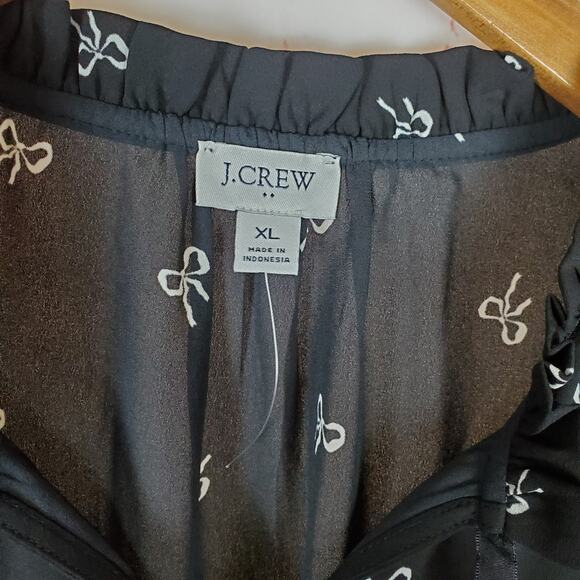 J Crew Velvet Tie Neck Top Bow Print Womens XL Black Ivory Blouse Long Sleeve - Picture 7 of 14